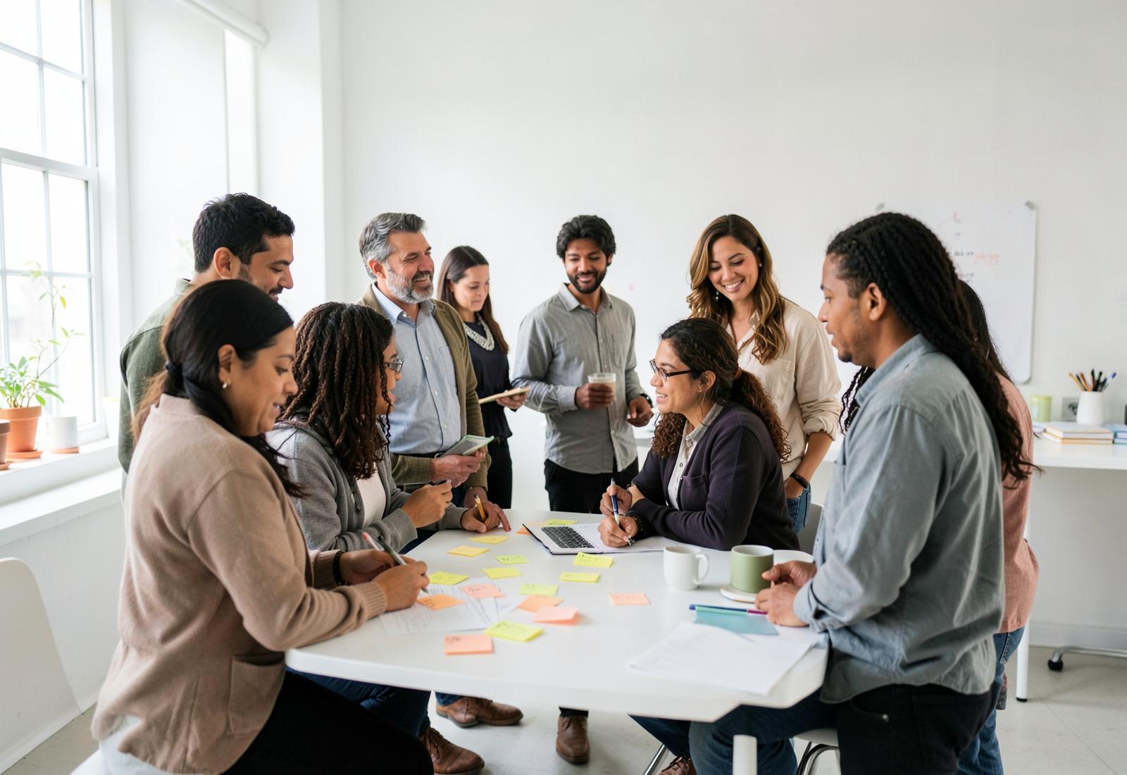 Personas trabajando juntas en un taller presencial de NOOW